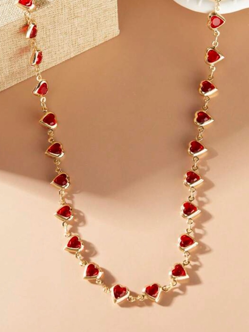 Gold Heart Link Necklace with Red Enamel Hearts